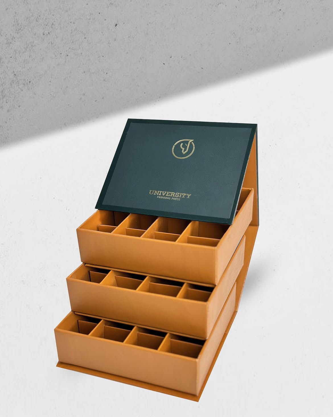 Eco-friendly hard-case box with three fitted trays, printed two-colour on acid-free stock
